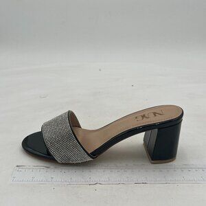 Black Open Toe Rhinestones Slip On Mule Sandal Chunky Heel Slide Slippers